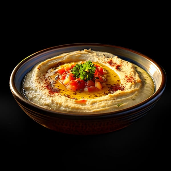 A bowl of HOF Flatbreads' Lebanese hummus, garnished with diced tomatoes, parsley, and olive oil.