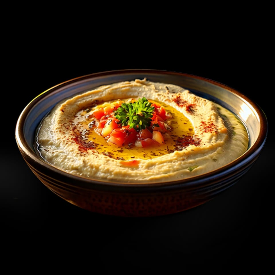 A bowl of HOF Flatbreads' Lebanese hummus, garnished with diced tomatoes, parsley, and olive oil.