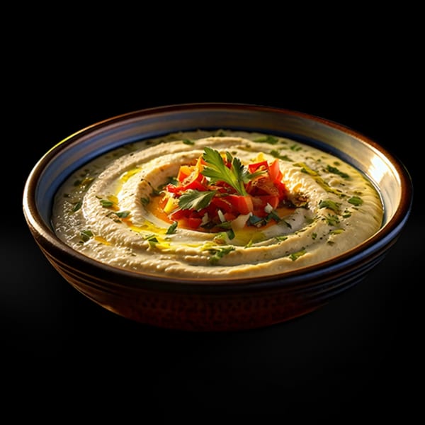 Creamy Lebanese hummus in a bowl, garnished with olive oil, red peppers, and fresh parsley.